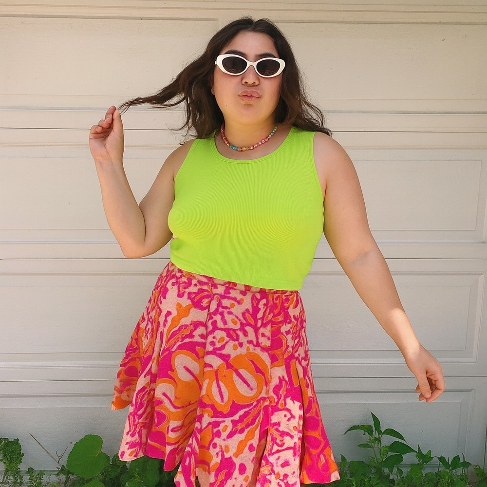 Vintage Y2K Focus 2000 Linen‎ Skirt Womens 6 Pink Orange Floral Print Retro